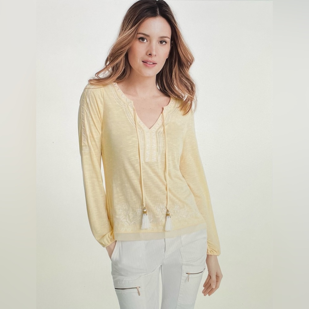 WHBM Long Sleeve Embroidered Tassel Top XS Yellow